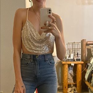 12 Tribe Cowl Neck Sequin Crop Top